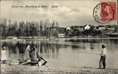 Ak Neuenburg am Rhein Baden, Wäscherinnen am Rheinufer, Angler