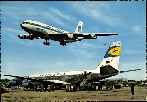 Ak Flughafen Düsseldorf, Passagierflugzeug Lufthansa, Pan American