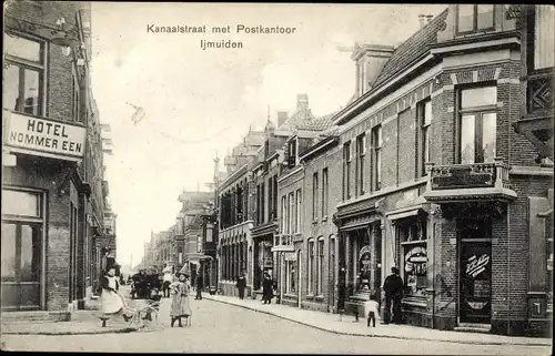 Ak IJmuiden Ymuiden Velsen Nordholland, Kanaalstraat met Postkantoor, Hotel Nommer Een