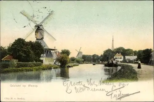 Ak Weesp Nordholland Niederlande, Fluss, Windmühlen