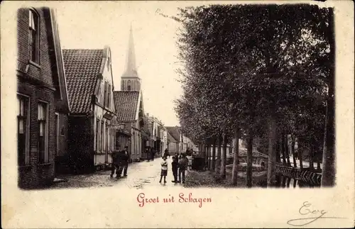 Ak Schagen Nordholland Niederlande, Straßenpartie, Passanten, Kirche