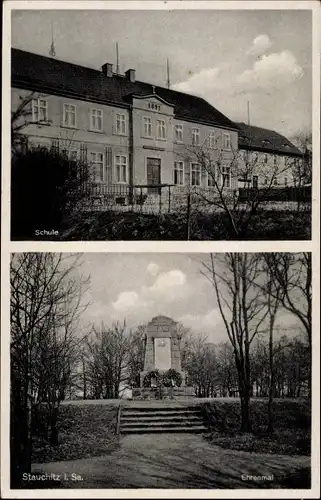 Ak Stauchitz in Sachsen, Schule, Ehrenmal