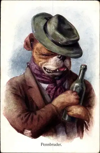 Künstler Ak Pennbruder, vermenschlichter Hund als Landstreicher, Flasche