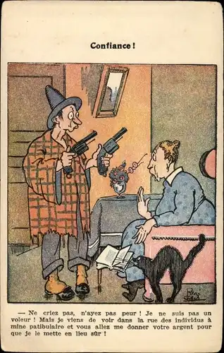 Künstler Ak Gillet, Confiance, Mann mit Revolvern, erschrockene Frau und Katze
