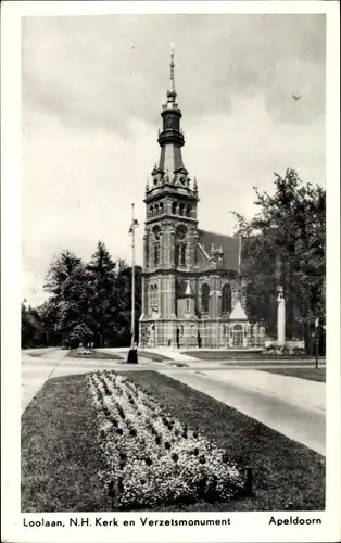 Ak Apeldoorn Gelderland, Loolaan N. H. Kerk en Verzelsmonument