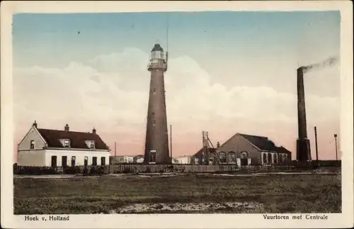 Ak Hoek van Holland Rotterdam Südholland Niederlande, Vuurtoren met Centrale