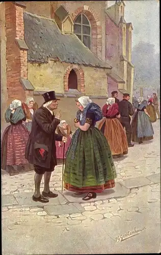 Künstler Ak Gerstenhauer, Johann Georg, Personen vor der Kirche, Volkstrachten aus Zeeland