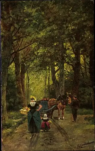 Künstler Ak Gerstenhauer, Johann Georg, niederländisches Motiv, Waldweg, Fuhrwerk, Tracht