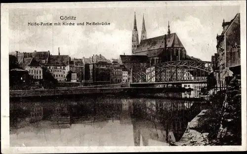 Ak Görlitz in der Lausitz, Neiße-Partie mit Kirche und Neißebrücke