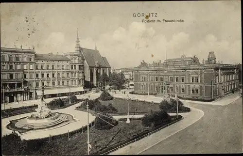 Ak Görlitz in der Lausitz, Postamt mit Frauenkirche, Denkmal