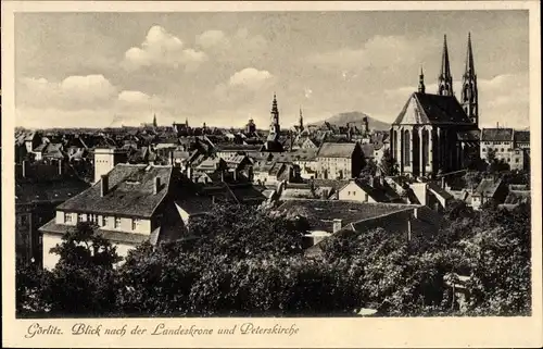 Ak Görlitz in der Lausitz, Stadtpanorama mit Landeskrone und Peterskirche