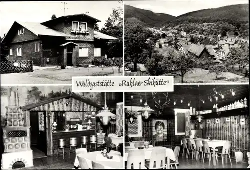 Ak Ruhla in Thüringen, Waldgaststätte Ruhlaer Skihütte, Panorama, Außenansicht, Innenansichten