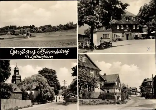 Ak Heinersdorf Wurzbach im Saale Orla Kreis, Panorama vom Ort, Gaststätte, Kirche, Straßenpartie