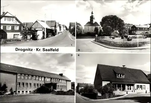 Ak Drognitz in Thüringen, Zentral-Schule, Konsum-Kaufhalle, Teilansichten