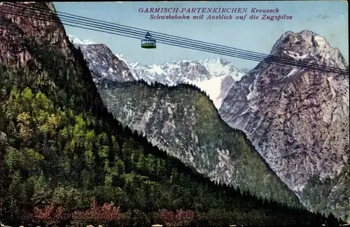 Ak Garmisch Partenkirchen in Oberbayern, Kreuzeck, Schwebebahn mit Ausblick auf die Zugspitze