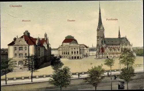 Ak Chemnitz in Sachsen, Museum, Theater, Petrikirche