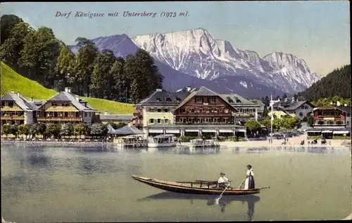 Ak Dorf Königssee Oberbayern, Panorama mit Untersberg, Ruderboot