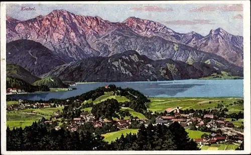 Ak Kochel am See in Oberbayern, Panorama mit Gebirge