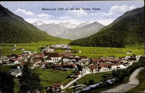 Ak Mittenwald in Oberbayern, Panorama mit den Tiroler Alpen