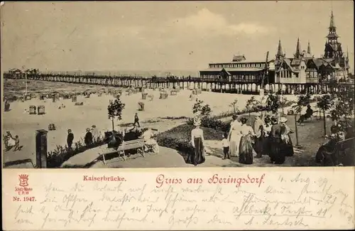 Ak Ostseebad Heringsdorf auf Usedom, Kaiserbrücke, Strand, Strandkörbe, Badegäste