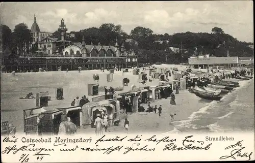 Ak Ostseebad Heringsdorf auf Usedom, Strandleben, Badegäste, Strandkörbe, Boote