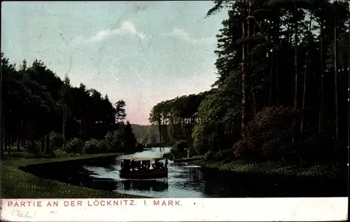 Ak Grünheide in der Mark, Löcknitzpartie mit Boot, Wald