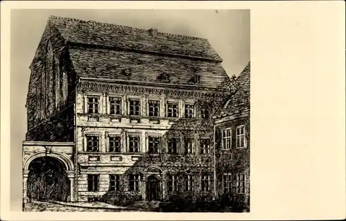 Ak Frankfurt an der Oder, Kleists Geburtshaus, wurde 1945 zerstört, Holzschnitt