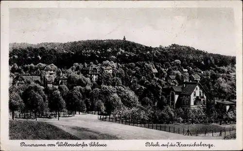 Ak Woltersdorf bei Berlin, Woltersdorfer Schleuse, Panorama, Blick auf die Kranichsberge