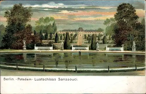 Litho Potsdam, Lustschloss Sanssouci mit Wasserbecken