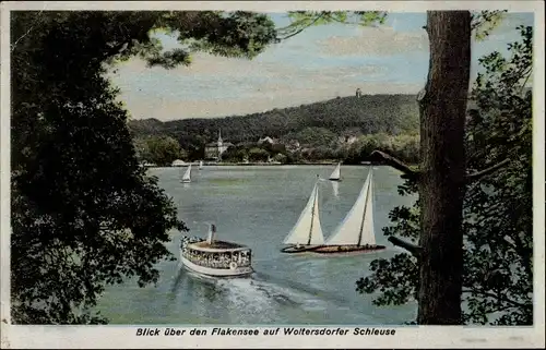 Ak Woltersdorf bei Berlin, Woltersdorfer Schleuse, Blick über den Flakensee, Segelboote, Schiff