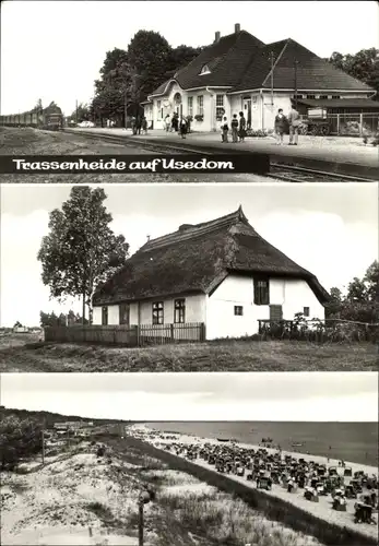 Ak Trassenheide auf Usedom, Reetdachhaus, Strand, Bahnhof