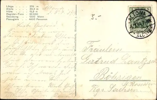 Ak Dampfschiff Vaterland, HAPAG, Ansicht Bug Backbord