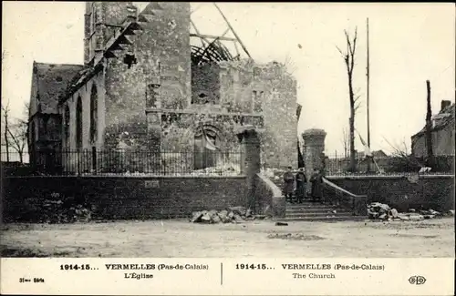 Ak Vermelles Pas de Calais, L'Eglise, Kriegszerstörungen, I WK