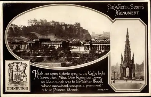 Ak Edinburgh Schottland, Sir Walter Scotts Monument, Wappen, Princes Street