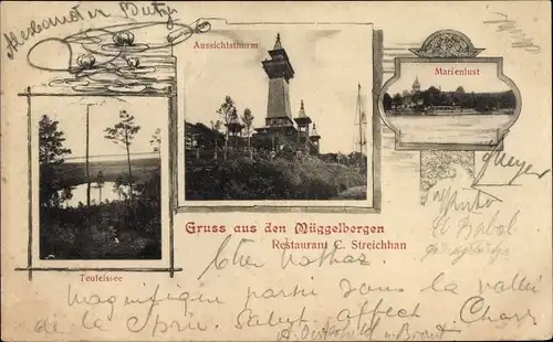 Ak Berlin Köpenick, Müggelturm, Marienlust, Teufelsee, Restaurant auf den Müggelbergen