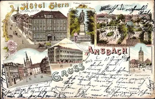 Litho Ansbach in Mittelfranken Bayern, Hotel Stern, Platen Denkmal, Schloss