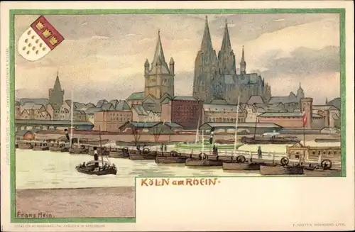 Künstler Litho Hein, Franz, Köln am Rhein, Panorama, Dom, Bootsanlegestelle