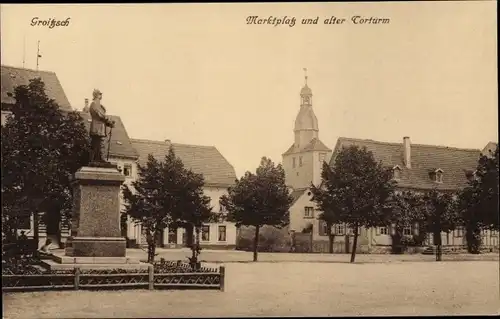 Ak Groitzsch in Sachsen, Marktplatz, Torturm, Denkmal