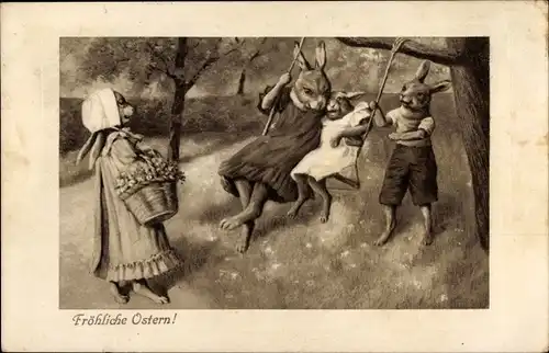 Künstler Ak Thiele, Arthur, Glückwunsch Ostern, Osterhasen, Schaukel