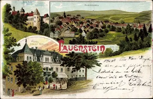 Litho Lauenstein im Müglitztal Altenberg, Burg, Stadtpanorama, Hotel Stadt Teplitz