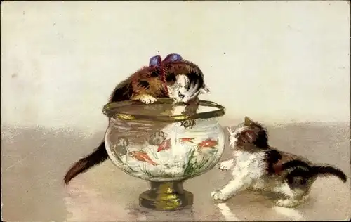 Künstler Ak Katzen fischen im Aquarium