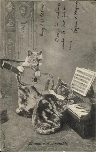 Ak Musique d'ensemble, vermenschlichte Katzen, Klavier, Gitarre