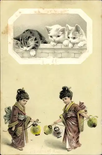 Litho Drei Katzen, Mädchen in Kimonos, Lampions, Fächer