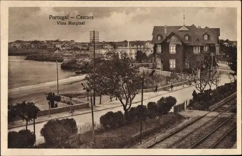 Ak Cascaes Cascais Portugal, Vista Marginal, Teilansicht der Ortschaft, Gleise