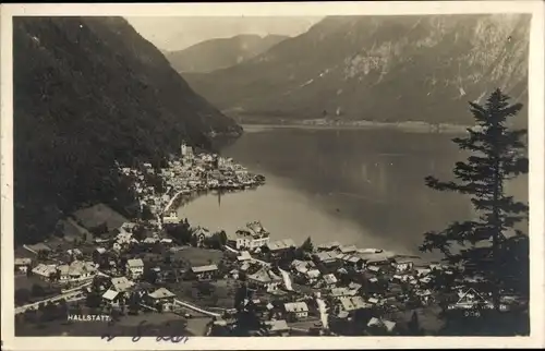 Ak Hallstatt in Oberösterreich, Teilansicht, Berge, See, Luftbild