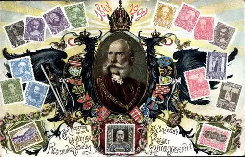 Briefmarken Ak Kaiser Franz Joseph I., 60 jähriges Regierungsjubiläum, Portrait, Wappen