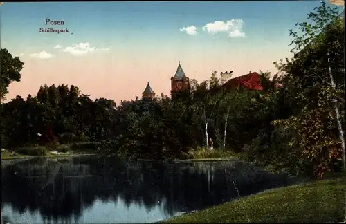 Ak Poznań Posen, Partie im Schillerpark, Teich, Türme