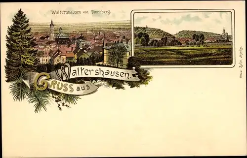 Litho Waltershausen im Thüringer Becken, Blick vom Tenneberg, Panorama vom Ort, Glückwunsch Neujahr