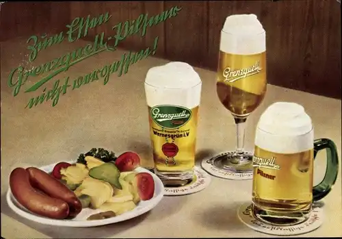 Ak Grenzquell Brauerei H. Günnel Wernesgrün im Vogtland, Würste mit Kartoffelsalat, Biergläser