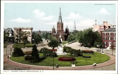 Ak Washington DC USA, Thomas Circle, church, monument